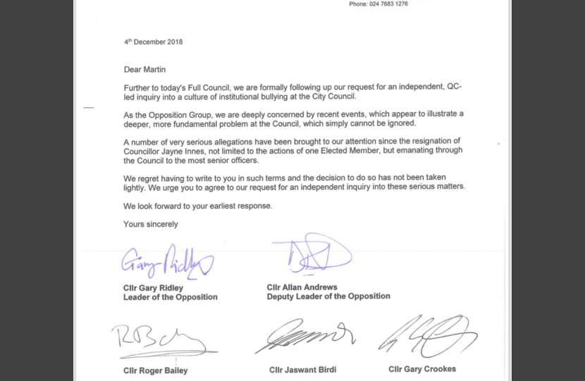 Letter to council leader and CEO 